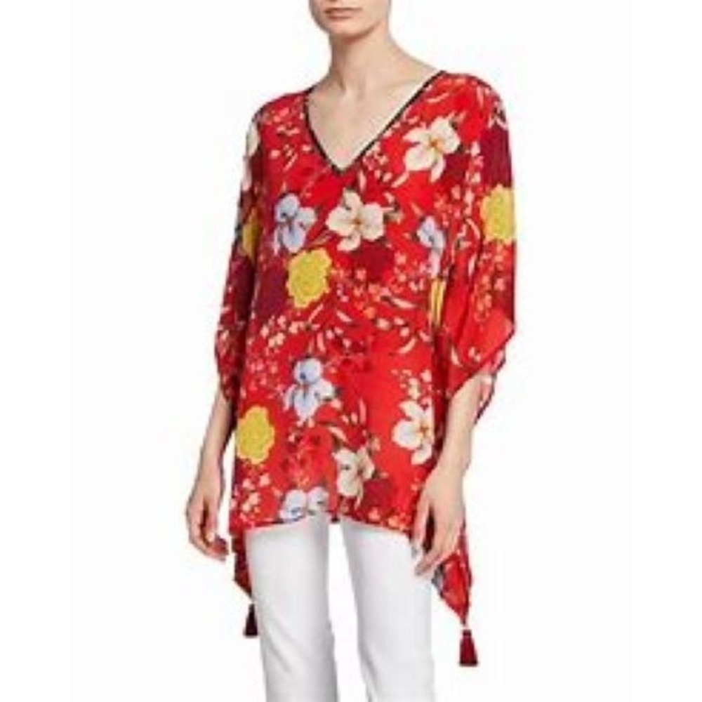 Johnny Was Jade Tunic Sz XS 100% Silk Red‎ Floral Vega Kimono Style Tassel